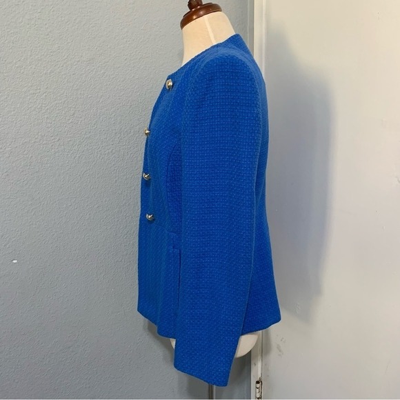 Zara Women Blue High Neck Double Breasted Textured Tailored Cotton Blazer Size M - Picture 16 of 17